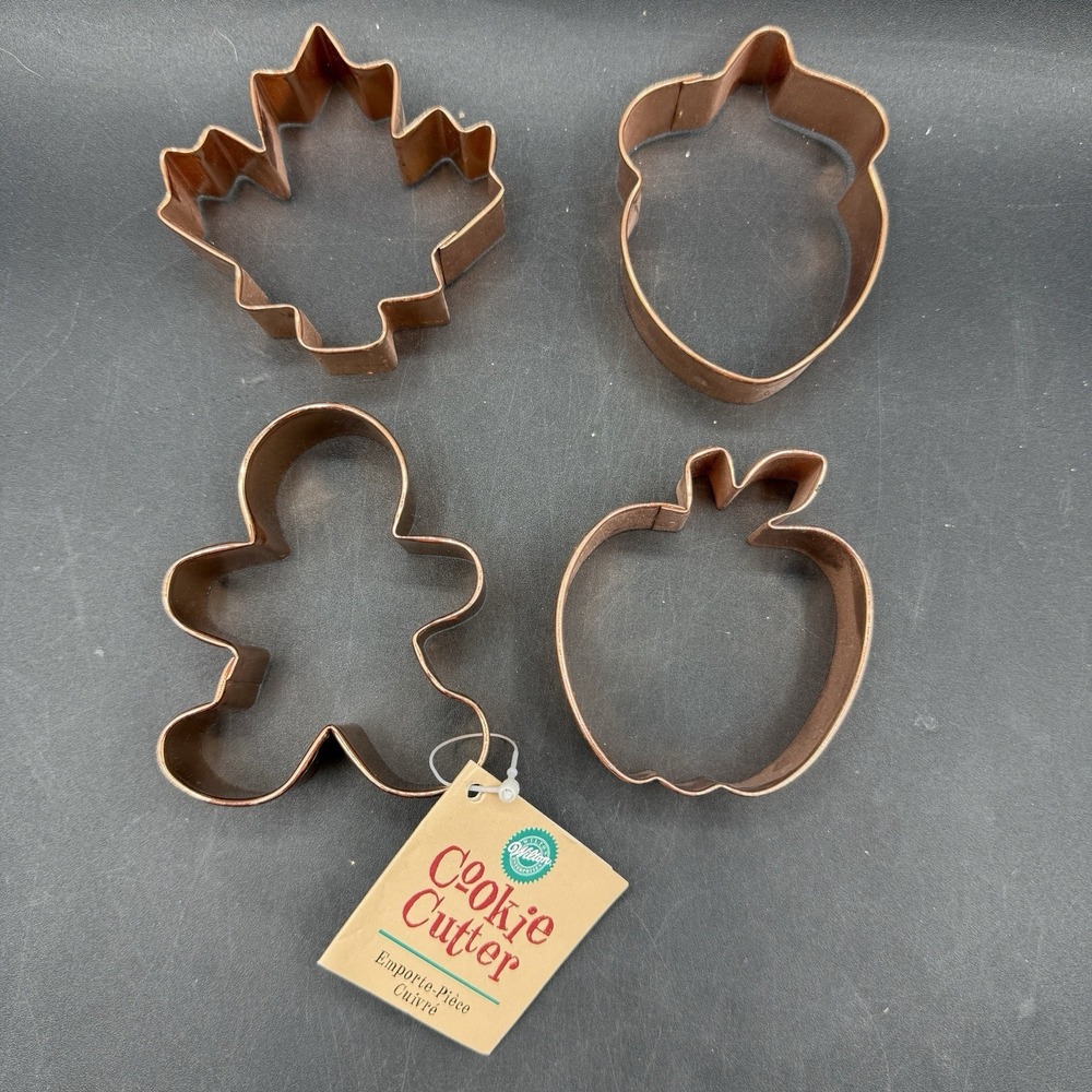 Wilton Copper Plated Cookie Cutters 4pc Apple Acorn Leaf Boy 3in Fall Christmas